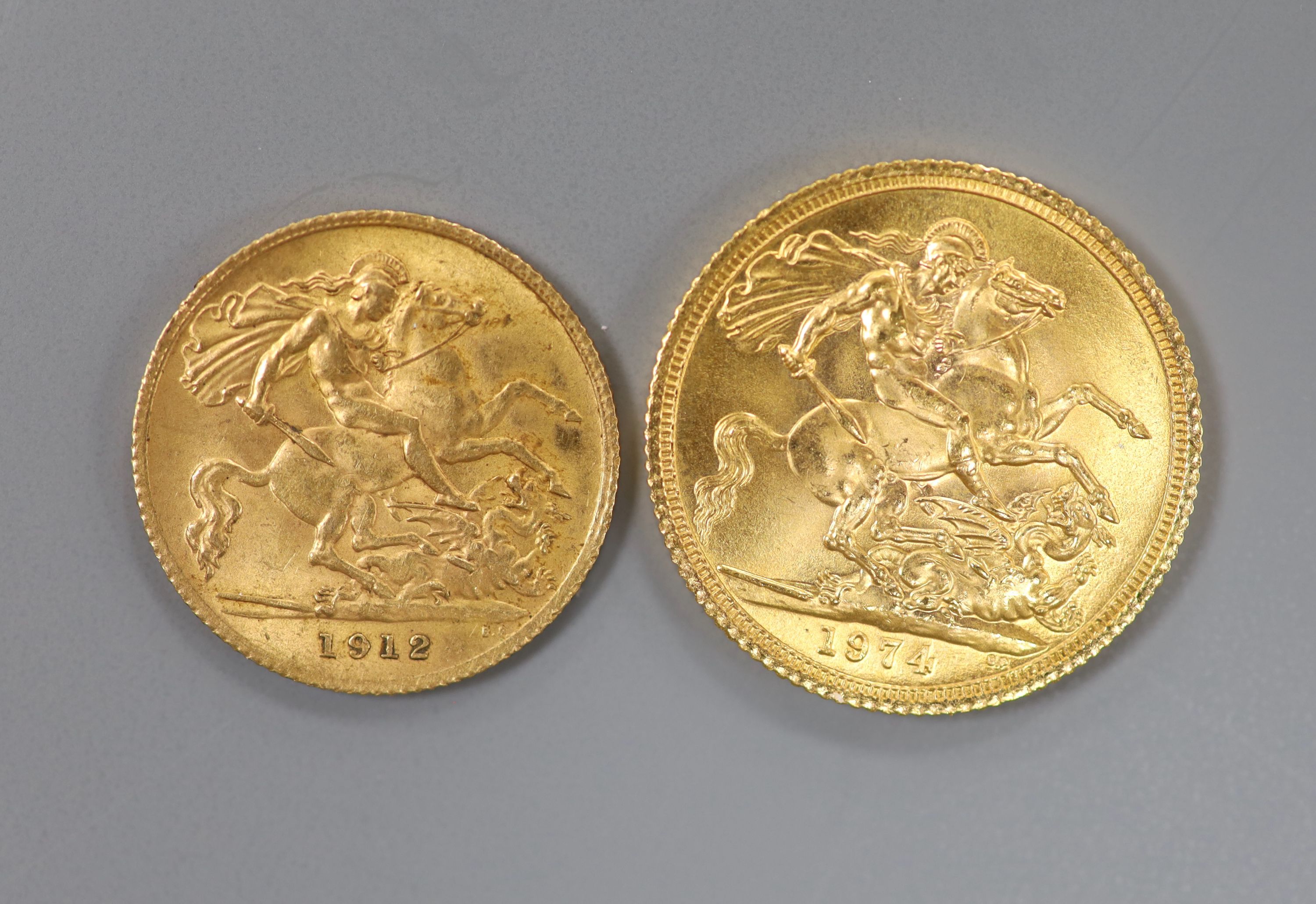 An Elizabeth II 1974 gold sovereign and a George V 1912 gold half sovereign.